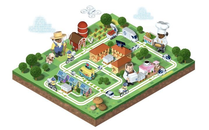 Illustration of the envisioned Logville village where small local businesses, producers, carriers and people connect over the Internet of Logistics